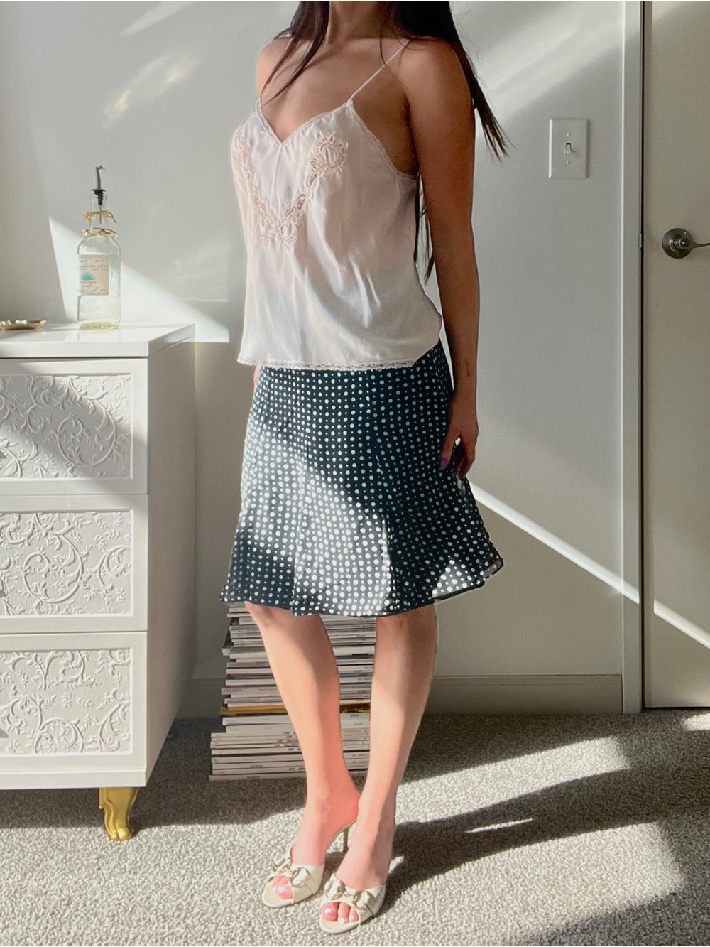 Vintage 100% silk polka dot midi skirt
